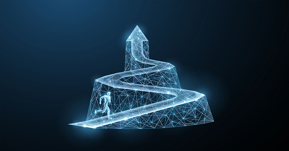 blue hologram of man running up steep path